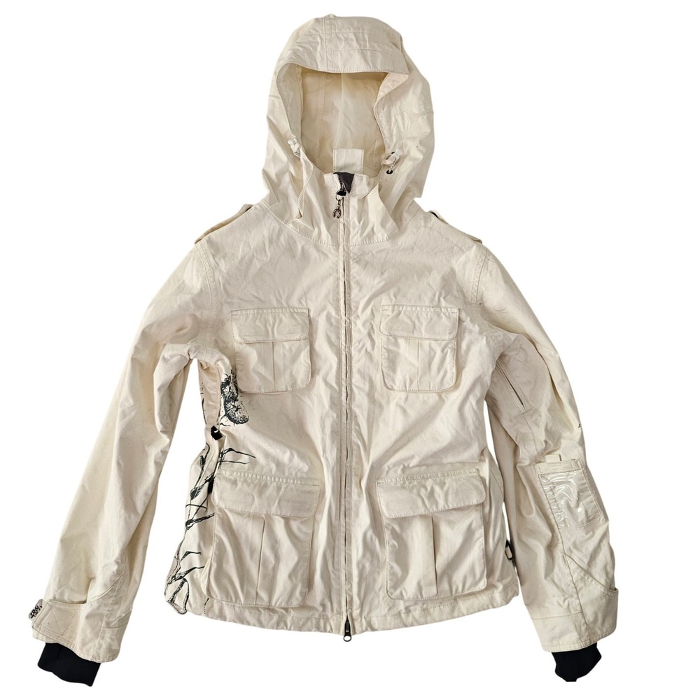 Roxy Snow Womens Small White Graphic SkiJacket 10000mm Waterproof Hooded Utility